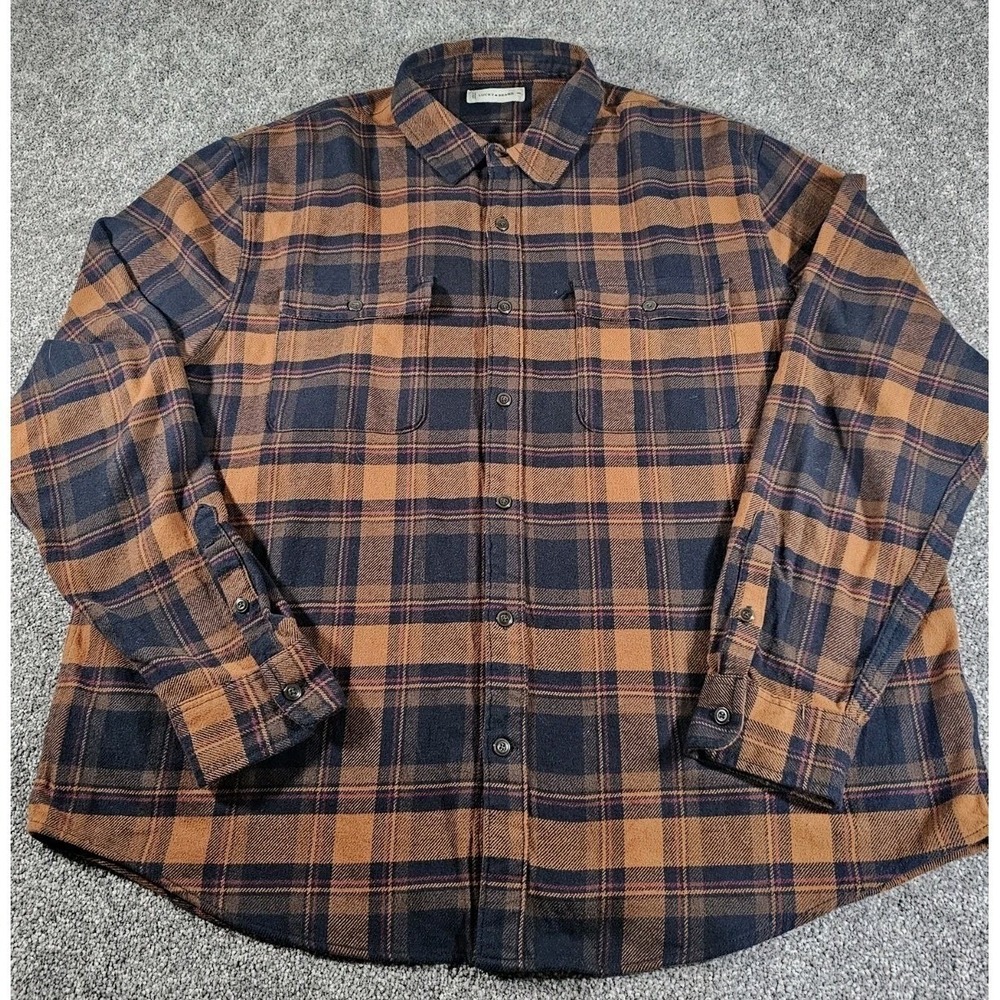 Lucky Brand Plaid Flannel Shirt Mens XXL Brown Navy Blue Long Sleeve Button Up - Picture 2 of 8